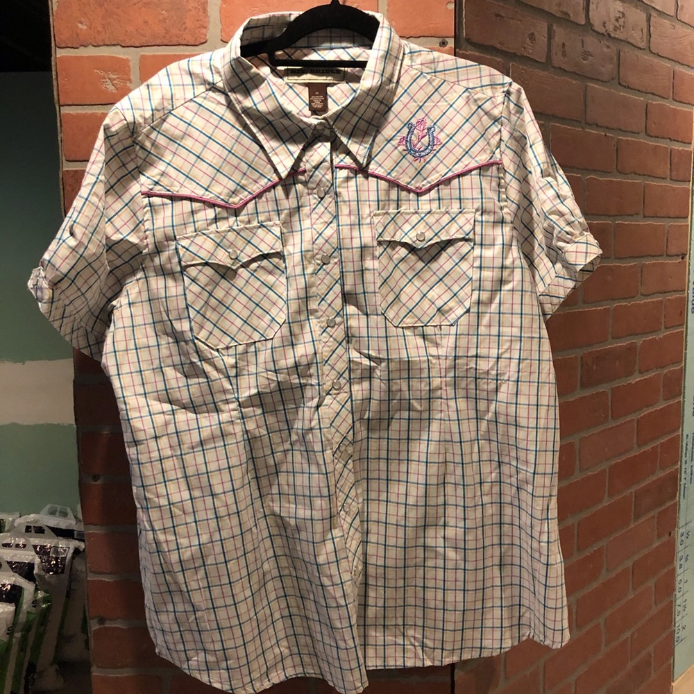 Bit & Bridle 2X Pastel Plaid Snapfront Blouse